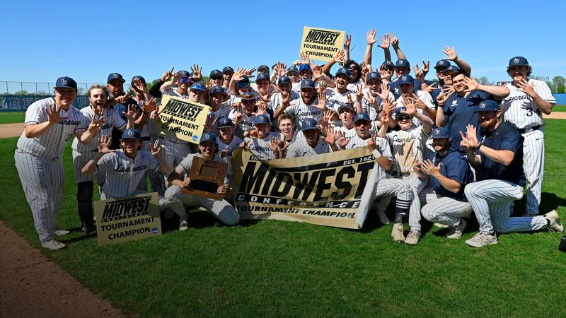 Lawrence baseball team poses for team photo after winning Midwest Conference Championship