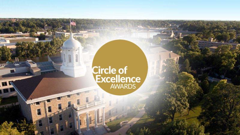 CASE Circle of Excellence logo is seen with photo of Main Hall in background.