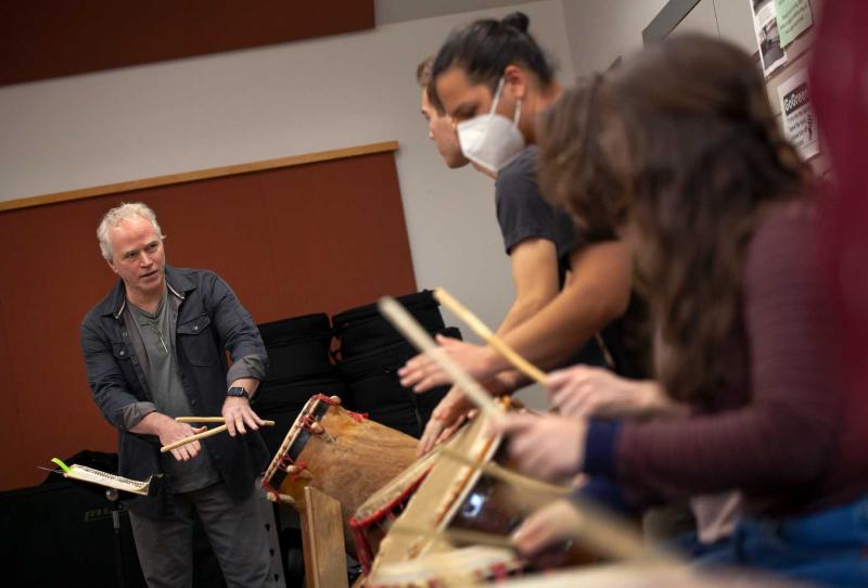 Dane Richeson works with percussion students in his studio.