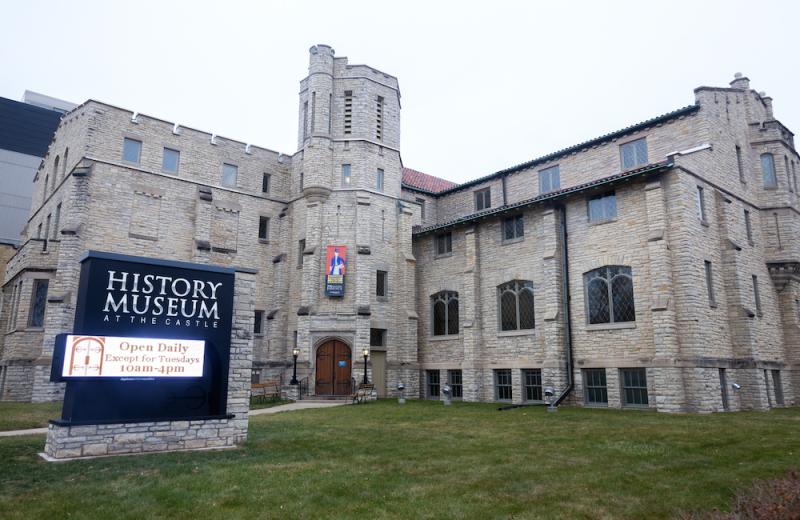 Outside of the History Museum at the Castle, at the corner of College Avenue and Drew Street.