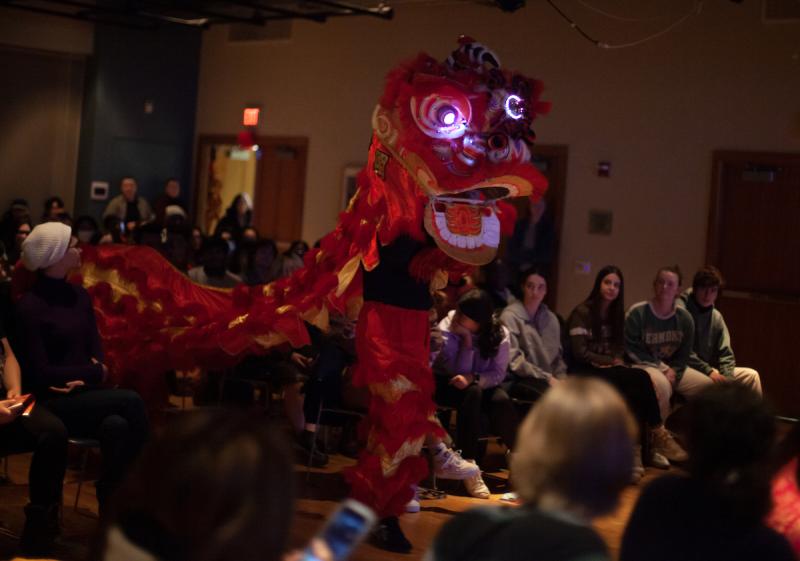 The Seven Star Lion Dance performs amid the audience during the Lunar New Year celebration.