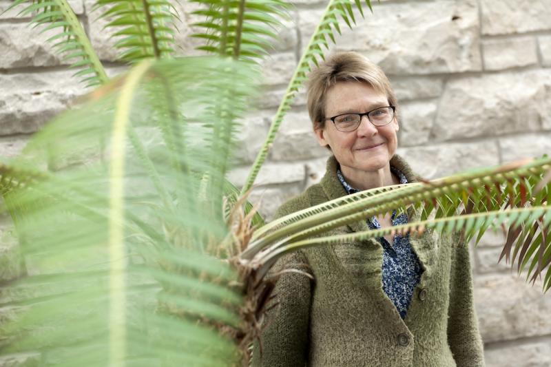 Marcia Bjornerud poses for a photo under a cycad plant in the Science Atrium. (Photos by Danny Damiani)