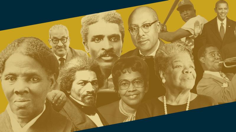 Black History Month graphic with images of celebrated people from the Black Community