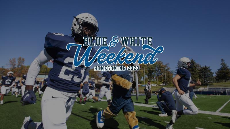 Blue & White Homecoming Graphic with Football players in background