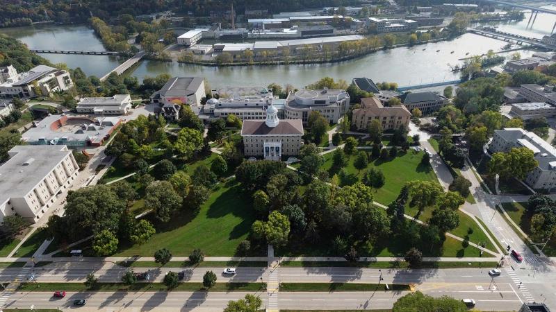 LU Campus drone shot featuring Main Hall Green and surrounding areas