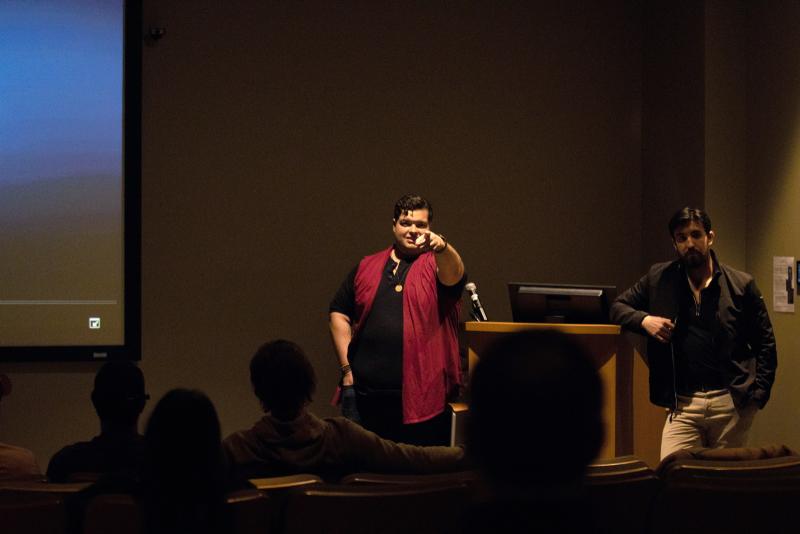 Jacob Dalton points toward an audience member as he speaks at Warch Cinema.