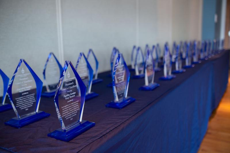 Staff awards are lined up on a table at the awards banquet.