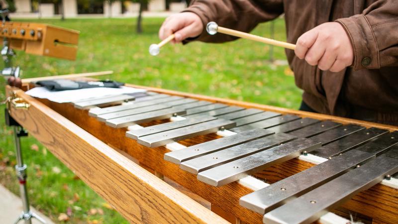 A pair of hands holding mallets over a glockenspiel.
