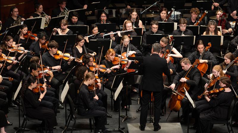A large orchestra led by a conductor.