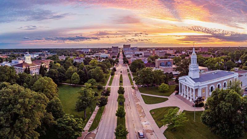View of Lawrence University campus looking down College avenue at sunset