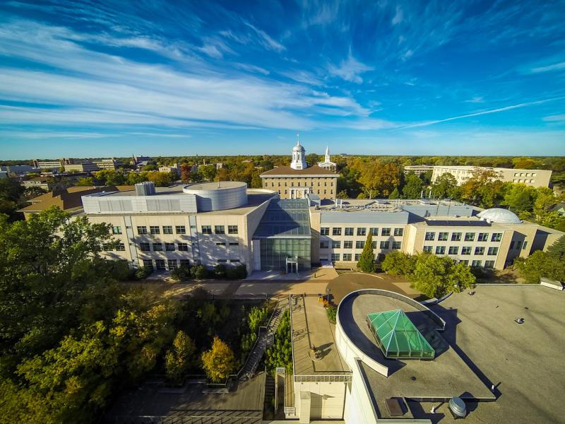 warch campus center from the air on a sunny day
