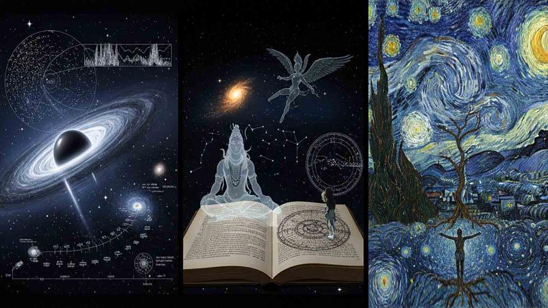 Graphic of planetary charts, book with spiritual entities hovering above it and painting inspired by Starry Night