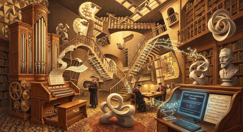 Escher like image with organ library and professors in commencement clothing