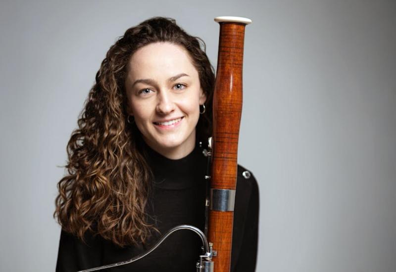 Brigit Fitzgerald bassoon faculty profile pic with bassoon