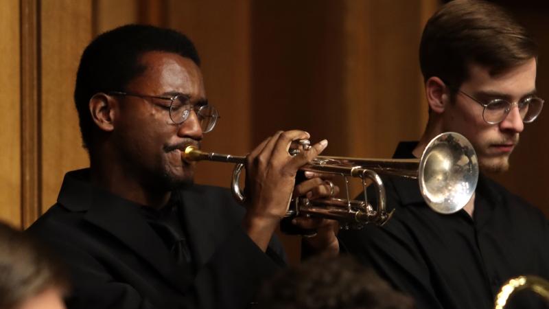 student playing trumpet during Jazz Weekend performance