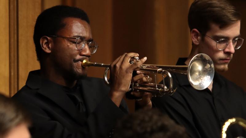 student playing trumpet during Jazz Weekend performance