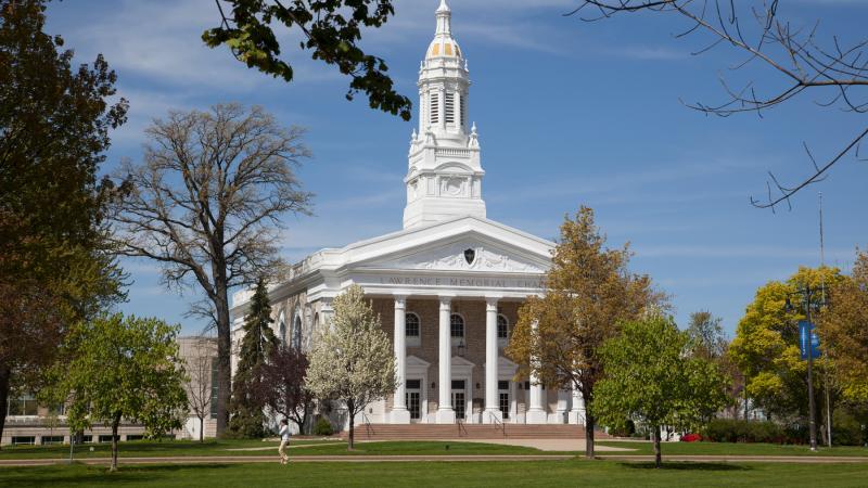 outdoor view of Memorial Chapel in springtime