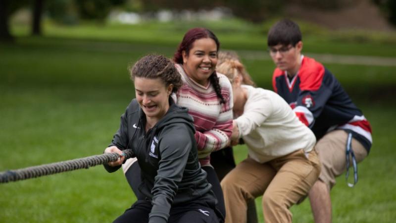 Students playing games on Main Hall Green