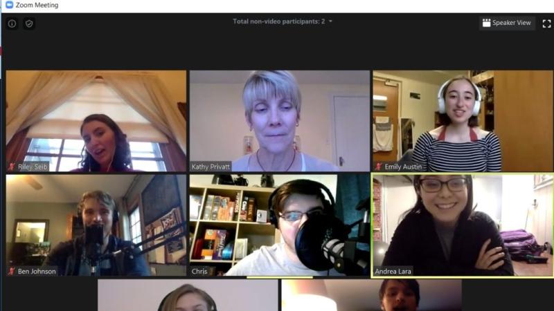 Theater professor Kathy Privatt (center top) and some of her students work through preparations for a radio drama to be performed live on Zoom on Friday night.