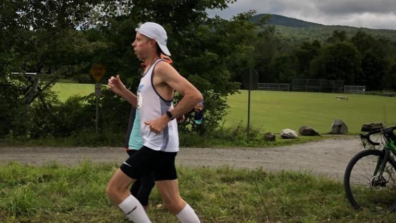 Jim Miller ’80 runs the Old Mill Marathon through the countryside north of Burlington, Vermont, on Aug. 30.