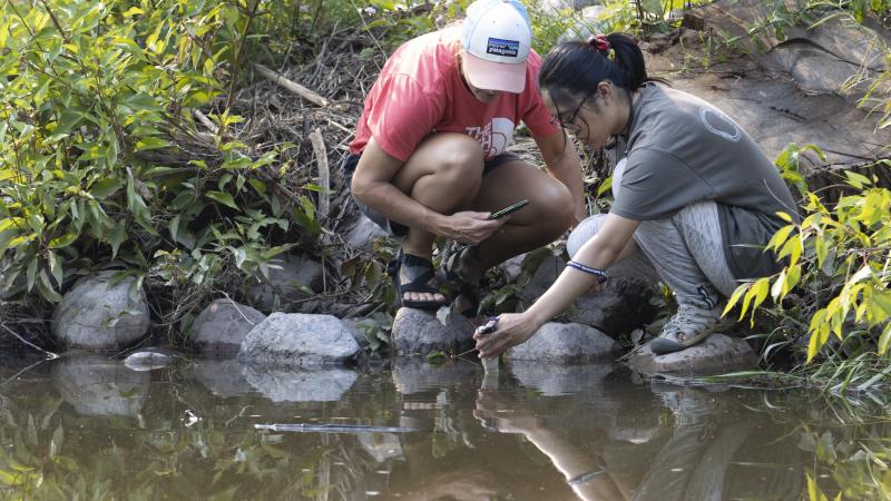 Nicole Chodkowski, Visiting Assistant Professor of Biology, and Nikki Lagman ’24 collect environmental factors such as pH and salinity Monday, July 19, 2021, at Sawyer Creek Nature Trail And Oak Savanah Forest in Oshkosh, Wis. Photo by Danny Damiani