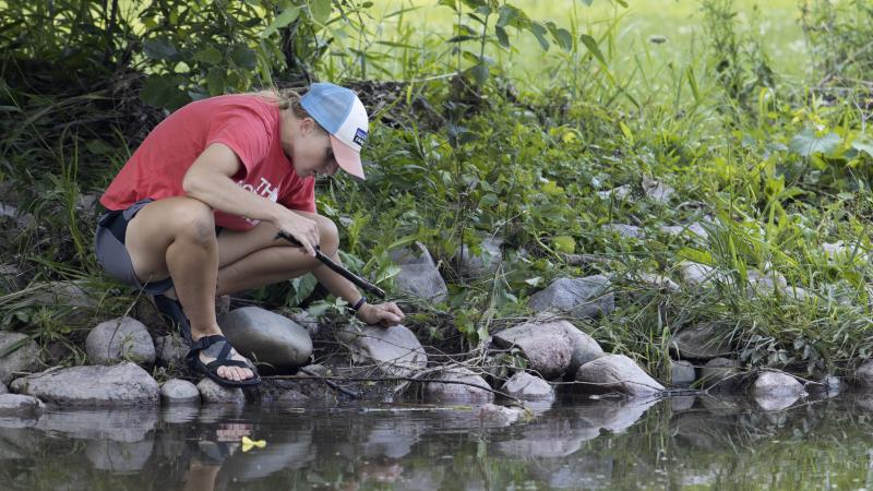 Nicole Chodkowski, Visiting Assistant Professor of Biology, searches for snails while working on summer research Monday, July 19, 2021, at Sawyer Creek Nature Trail And Oak Savanah Forest in Oshkosh, Wis. Photo by Danny Damiani