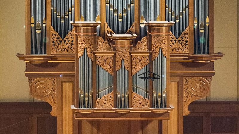 The Brombaugh organ is a centerpiece on the stage of Memorial Chapel