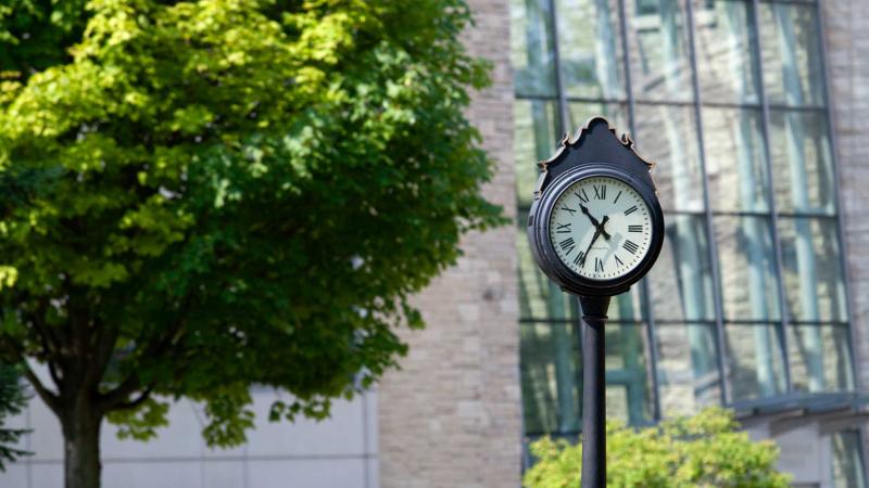 An exterior clock on Lawrence's campus