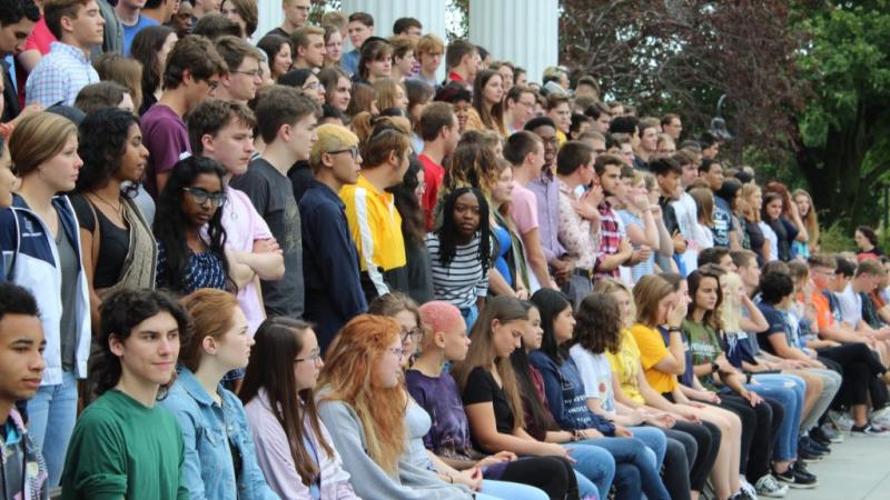 First-year students during annual class photo in front of Lawrence Memorial Chapel. The photo shoot is a Welcome Week tradition