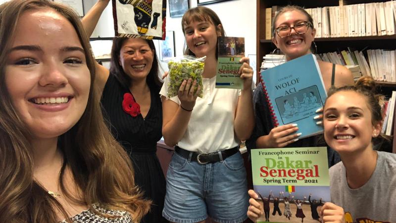 Senegal selfie: Dominica Chang, second from left, is teaching an independent study course on Wolof this term with, from left, Greta Wilkening ’21, Bronwyn Earthman ’21, Miriam Thew Forrester ’20, and Tamima Tabishat ’20.