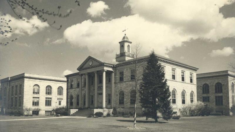 Historic, black and white photo of Institute of Paper Chemistry building