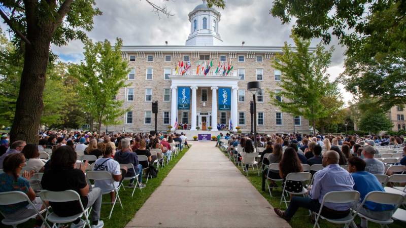 Students and parents gather on Main Hall Green for the President's Welcome