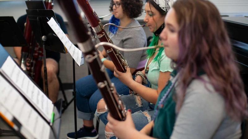 Sarenna Sueoka, a sophomore, plays bassoon during Viking Bassoon Ensemble rehearsal. 