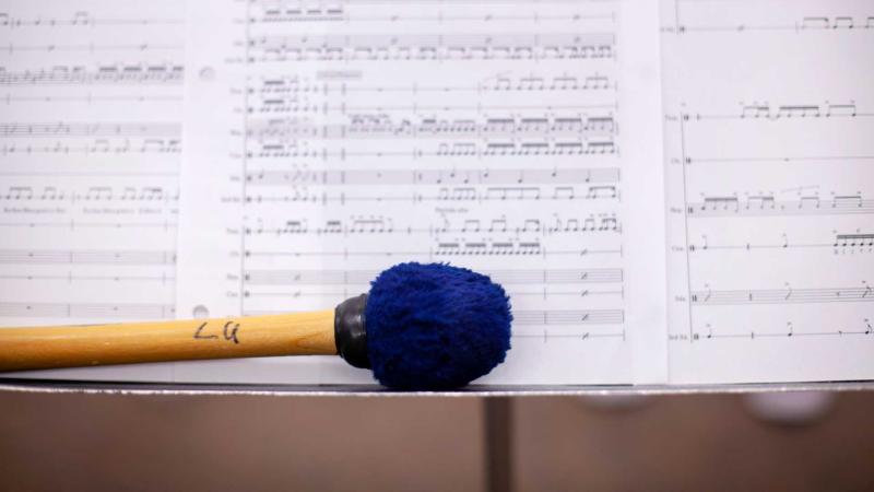 Close up of mallet and sheet music used during Sambista rehearsal.