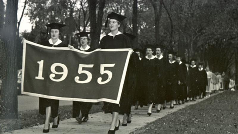 Milwaukee-Downer College class of 1955 marching with banner