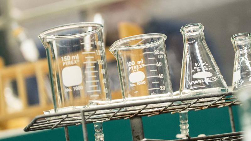 Science beakers in lab