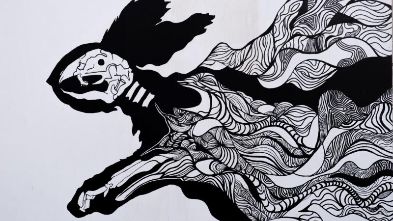 black and white mural of the skeleton of a rabbit