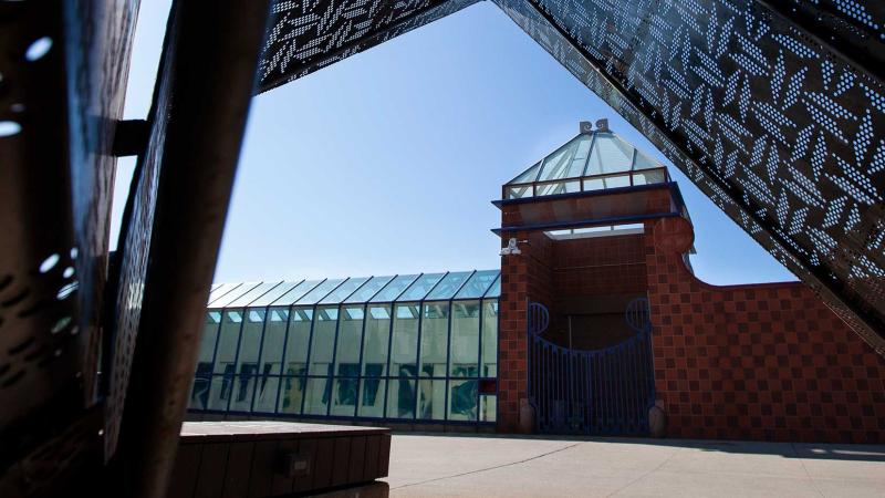 Viewing Wriston Art Center viewed from under sculpture