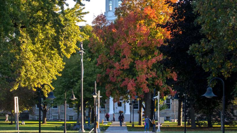 Scenic photo of campus with Main Hall's cupola peaks out from behind trees turning orange in fall.