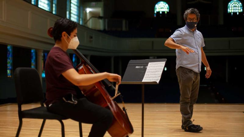 Professor Horacio Contreras instructs cello student during studio lessons