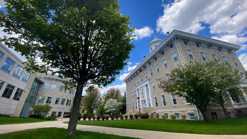 Steitz and Main Hall from campus walkway