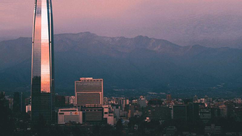 Aerial of downtown Santiago, Chile with the Gran Torre Santiago or Great Santiago Tower in the foreground