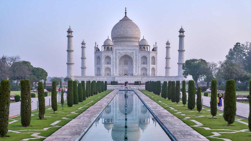 View of Taj Mahal from the end fo the reflecting pool in India
