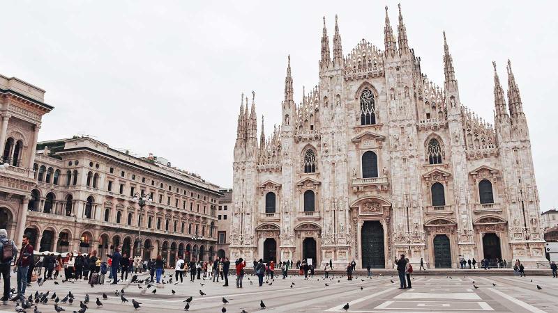 Milan Cathedral from across the square in Milan, Italy