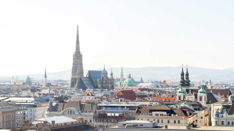 Aerial of Vienna, Austria with Stephansdom spire in the distance