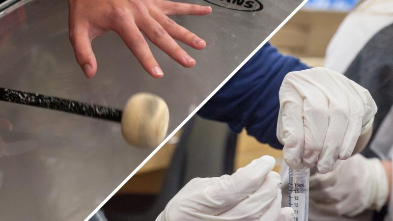 close up of students' hands playing drum and filling a test tube