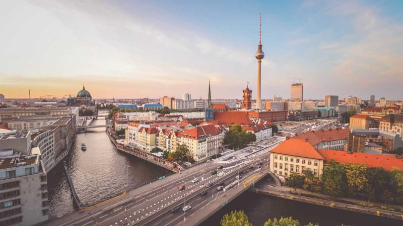 Aerial of Berlin, German on the Spree River with the Berlin TV Tower in background