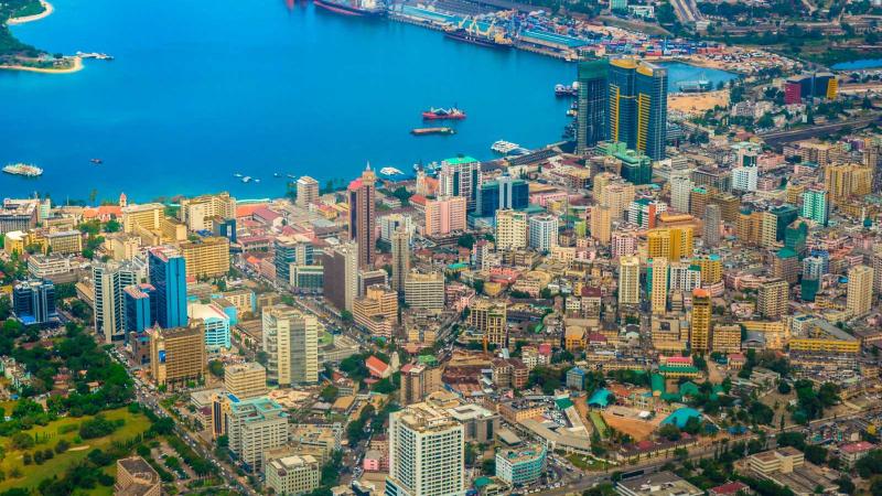 View of downtown Dar es Salaam, Tanzania by the river from above