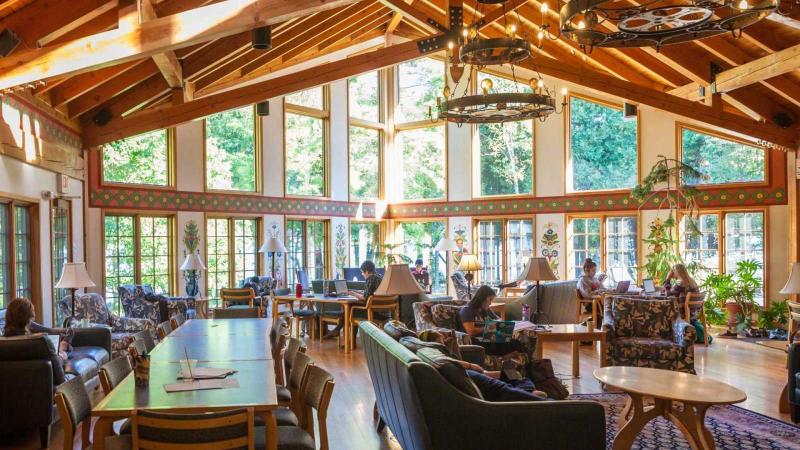 Students study and relax in a lodge