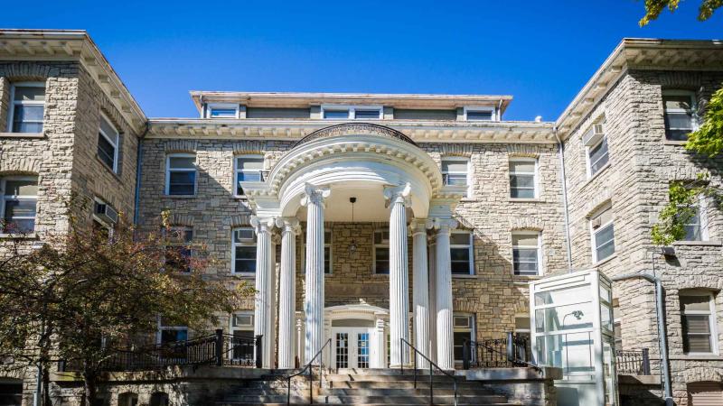 Outside main entrance to Brokaw Hall.